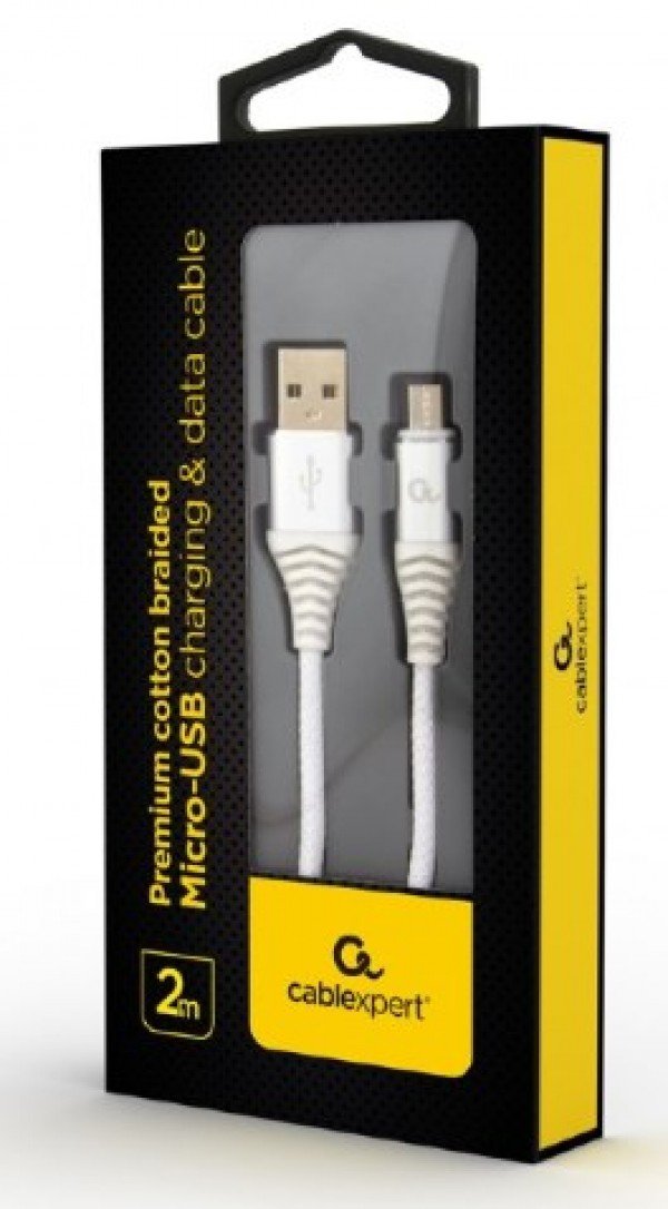 CC-USB2B-AMmBM-2M-BW2 Gembird Premium cotton braided Micro-USB charging -data cable,2m, silver/white - Slika 2