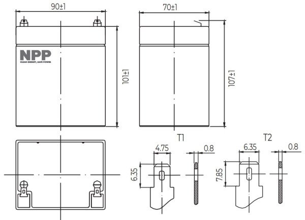 NPP NP12V-4.5Ah, AGM BATTERY, C20=4.5AH, T1, 90x70x101x107, 1,5KG, BLACK - Slika 3
