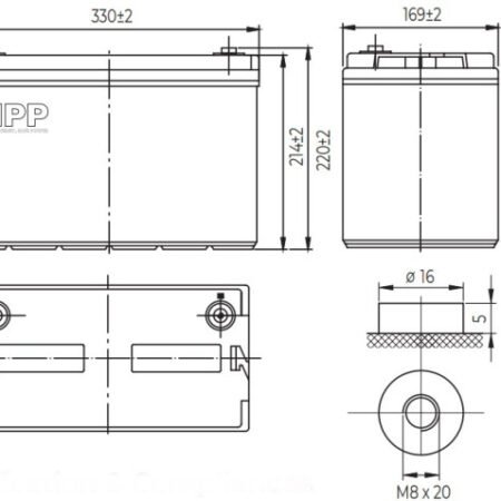 NPP NPG12V-100Ah, GEL BATTERY, C20=100AH, T16, 330x171x214x220, 27,3KG, Light grey