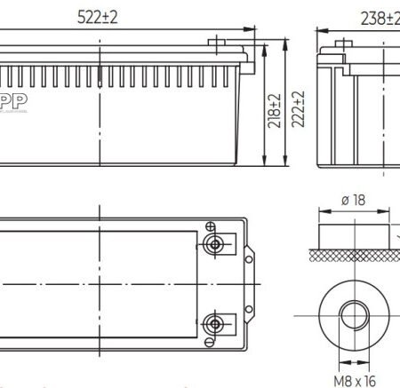 NPP NPG12V-200Ah, GEL BATTERY, C20=200AH, T16, 522x238x218x222, 52,8KG, Light grey