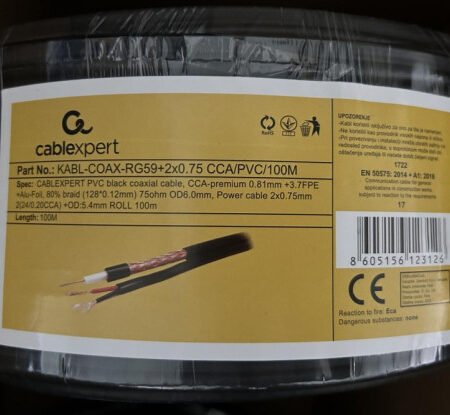 KABL-COAX-RG59+2X0.75 CCA/PVC/100M Koaksialni kabl sa napojnim kablom 2x0,75mm black 100m