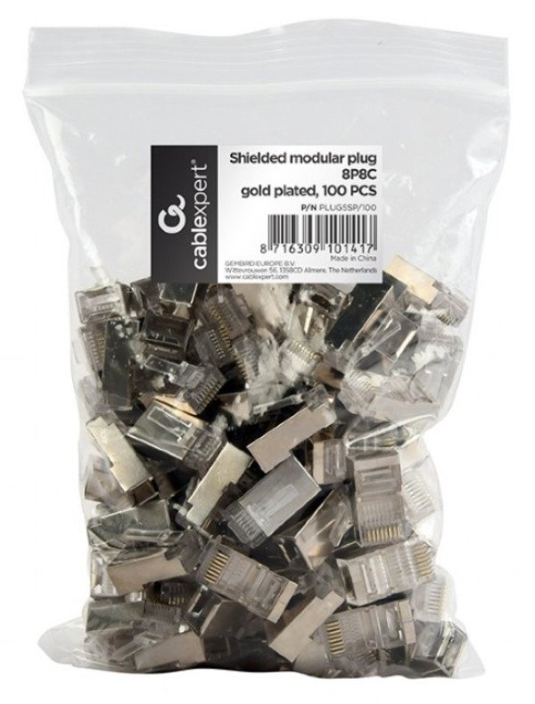 PLUG5SP/100 Gembird shielded modular 30u gold plated LAN konektor CAT5 FTP SFTP, RJ45(pak.100kom) - Slika 2