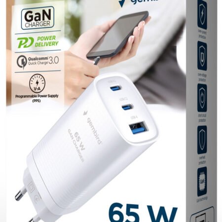 TA-UC-PDQC65-01-W Gembird 3-port 65W GaN USB PowerDelivery fast charger, white