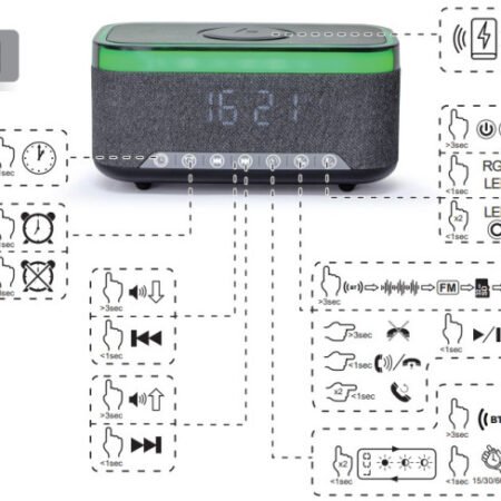 DAC-SPKBT-QC15-BK Gembird Digitalni sat+alarm sa bezicnim punjenjem telefona 15W i zvucnikom, FM, BT