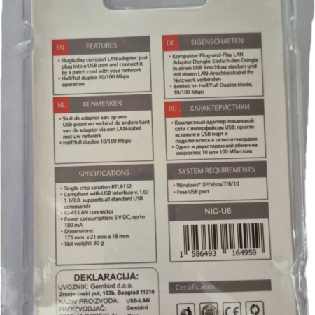 NIC-U6** Gembird USB 2.0 to Fast Ethernet LAN adapter 10/100 white, mrezna kartica (399)