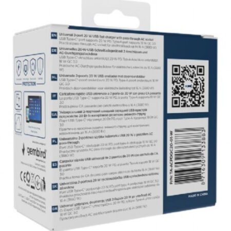 TA-ACPDQC20-01-W Gembird 20W 2-port USB brzi punjac sa pass-through AC socket-om, white