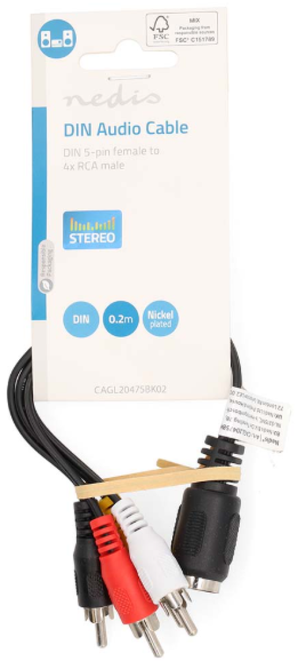 CAGL20475BK02 DIN Audio Kabl, DIN 5-Pin Zenski, 4x RCA Muski, Niklovan, 0.20 m, Okrugli, PVC, Crni