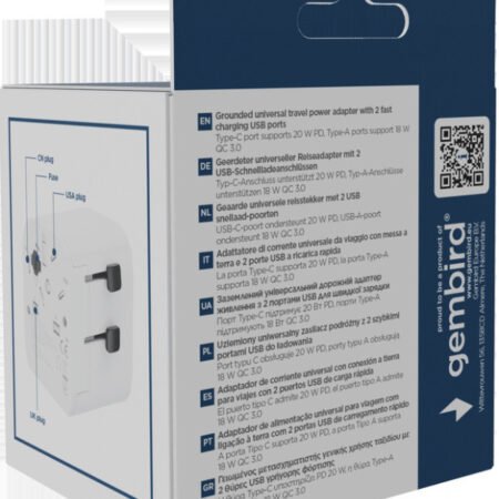 Travel adapter TPA-EU1A1C20-01-W Gembird Univerzalni, sa uzemljenjem 20W