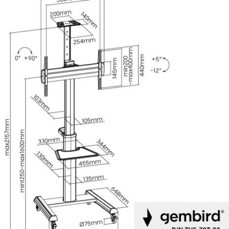 TVS-70T-02 Gembird Mobilni sto sa tockicima, 37-70, crne boje