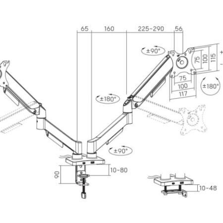 MA-DA2U-01 Gembird Podesivi stoni nosac za 2 monitora sa USB portovima, 17-32, 9kg