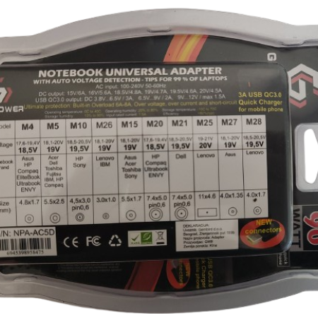 NPA-AC5D **Gembird univerzalni laptop punjac AC 90W + QC3.0 mob.brzi punjac 3A, auto voltage (1253)