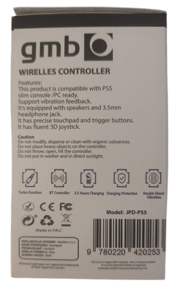 JPD-PS5 Grey-White PC/PS5 Gembird Bezicni gamepad sa vibracijom, zvucnik, 3,5mm, touchpad, trigger - Slika 2