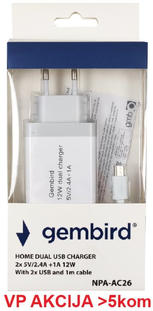 NPA-AC26 ** Gembird punjac za telefone i tablete 2x5v/2.4A+1A 12W +micro USB DATA kabl 1M (263) - Slika 2