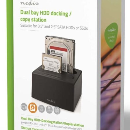 HDDUDB3210BK Nedis USB 3.2 DUPLI docking station za 2.5/3.5 SATA hard diskove, Kloniranje max 8TB