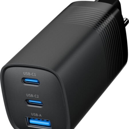 TA-UC-PDQC65-01-BK Gembird 3-port 65W GaN USB PowerDelivery fast charger, black