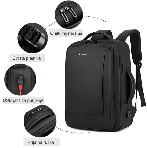 NCC-15-KLB017 Gembird Ranac za laptop 15,6/17inc 43x31x15(+5)cm USB konektor, 900g - Slika 2