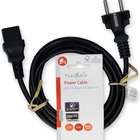 CEGL10030BK20, Kabl za napajanje, Utikaè sa uzemljenjem muški, IEC-320-C13, Niklovani, 2,00 m, PVC