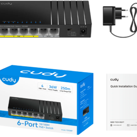 Cudy FS106P,6-Port 10/100M PoE+ Switch,4× FE with 802.3at/af Mode A PoE,2× Uplink FE,36W