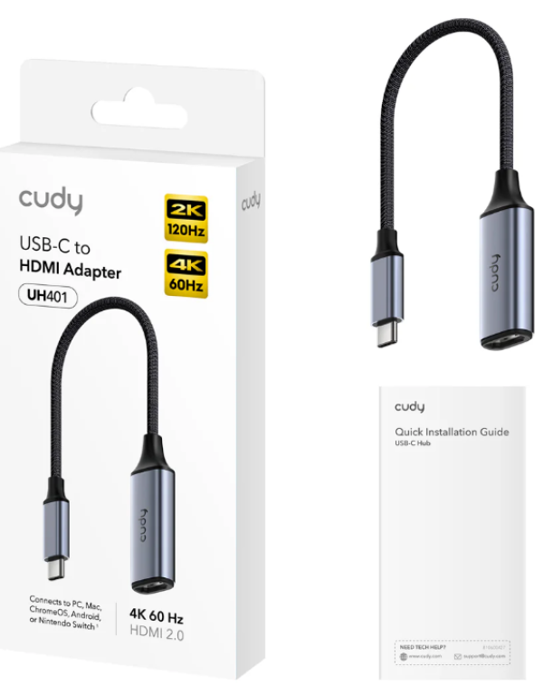 Cudy UH401 1.0,USB-C to HDMI Adapter, 1× HDMI 2.0, 4K 60Hz, 2K 144Hz, 15cm