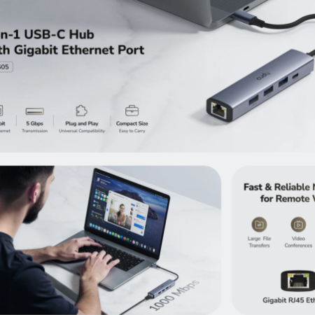 Cudy UH605 1.0,5-In-1 USB-C Hub with Gigabit Ethernet Port,3× USB-A 3.2 Gen 1 (5 Gbps),25cm