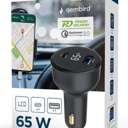 TA-UC-AC2PD65LCD-CAR-01 Gembird 2-port USB brzi punjac za auto, Type-C PD, LCD, 65W, black