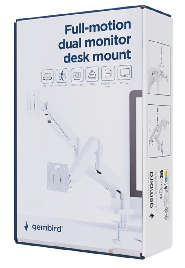 MA-DA2-06-W Gembird Podesivi dupli stoni drzac za monitor, tilt, 17-32 max.10kg White - Slika 4