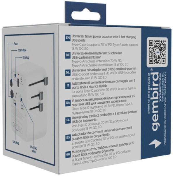 Travel adapter TPA-2A3C70-01-W Gembird Univerzalni 70W - Slika 2