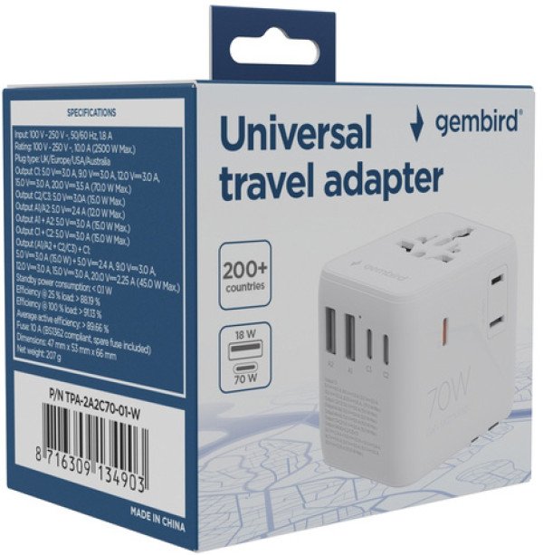 Travel adapter TPA-2A3C70-01-W Gembird Univerzalni 70W - Slika 3