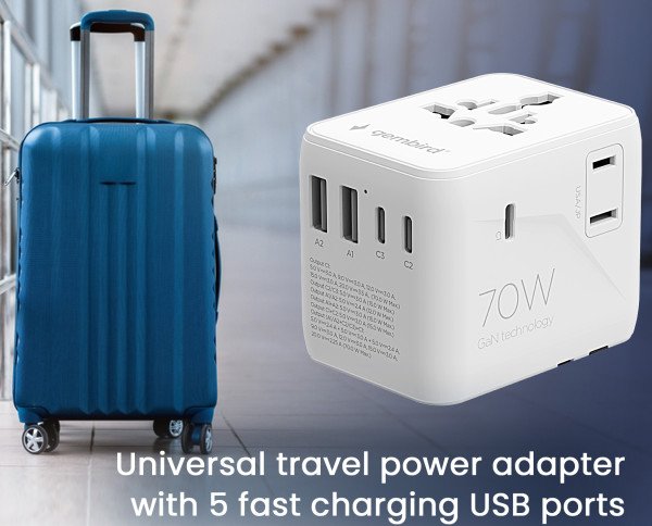 Travel adapter TPA-2A3C70-01-W Gembird Univerzalni 70W - Slika 4